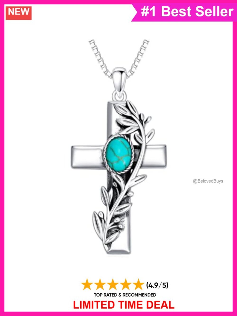 Sterling Silver Turquoise Cross Pendant Necklace 18+2in Chain